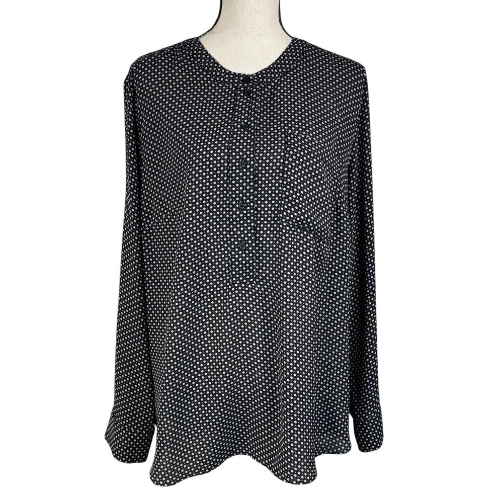 Lane Bryant SZ 18/20 Top Polka-Dot Partial Button-Up Hi-Low Hem Long Sleeves